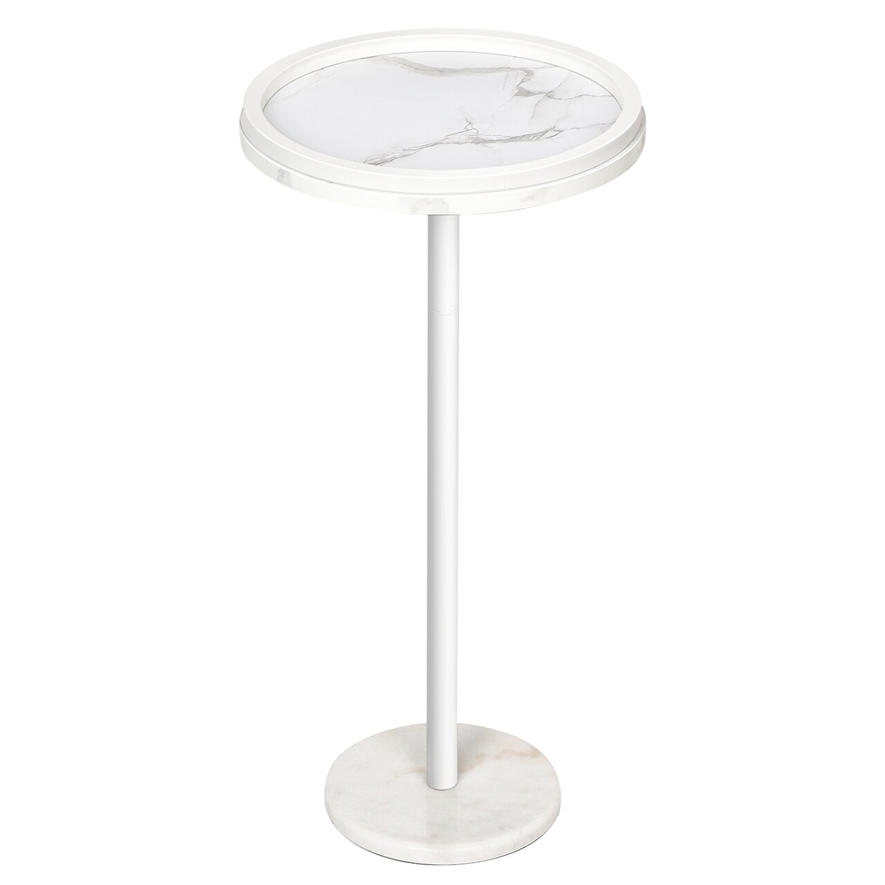 White Marble Side Table, Adjustable Height Round End Table with Raised Edge Tray for Small Spaces
